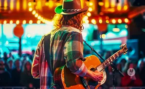 A musician in a cowboy hat plays an acoustic guitar on a stage with colorful lights.