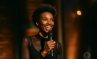 A Black woman with an afro smiles broadly while holding a microphone, wearing a sheer black top.