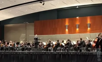 An orchestra performs on stage, with a conductor leading the musicians.