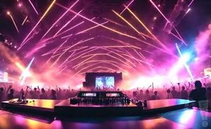 A DJ setup at a lively concert with laser lights and a cheering crowd.