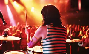 A drummer plays a concert in front of a blurred crowd, illuminated by stage lights.
