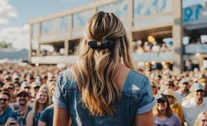 A woman with blonde hair in a denim jacket faces a crowd at an outdoor event.
