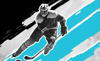 Black and white image of a hockey player in action, with bold blue and black abstract shapes.
