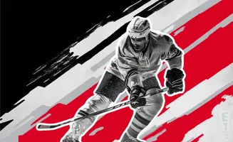 A hockey player in black and white skates across a background of red and black brushstrokes.