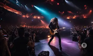 A rock guitarist performs on stage in front of a cheering crowd at a concert.