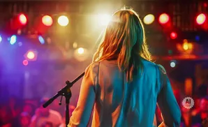 Woman with blonde hair facing away from camera, on stage with colorful lights and a microphone.