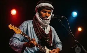 A man in traditional attire plays an electric guitar on stage under red and blue spotlights.