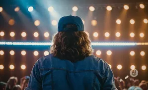 Back of a person with long, curly hair and a baseball cap on stage, facing a crowd and bright lights.
