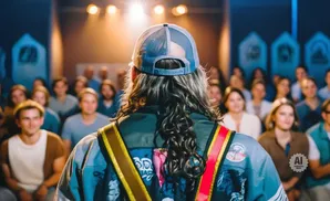 Back of person in a cap speaking to an audience.