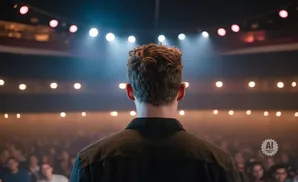 Man facing away from camera on a stage, with a blurred audience and stage lights.