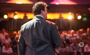 Man in a suit addresses a blurred audience, lit by warm stage lights.