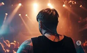 Rear view of a tattooed person on stage, with a crowd and bright stage lights in the background.