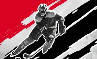 A hockey player in goalie gear skates with a stick on a background of red, black, and white stripes.