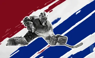 Hockey goalie in pads and mask in a split-color background of red, white, and blue stripes.