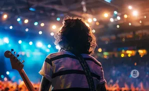 Person with long hair playing guitar on stage with colorful lights and a blurred crowd.