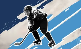 A hockey player in a black and white suit on a blue and white striped background.