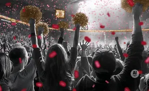Crowd cheering with pom-poms and red confetti falling.