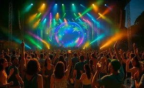 A diverse crowd enjoys a vibrant outdoor concert with colorful stage lights and a large circular screen.