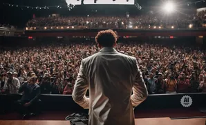A man in a white suit faces a large, cheering crowd in a concert venue.