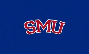 The SMU logo in red and white on a blue, textured background.