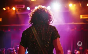 Guitarist with curly hair seen from behind on a stage with pink and orange lights.