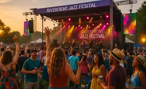 Crowd at Riverfront Jazz Festival with hands raised in excitement as a band performs on stage at sunset.