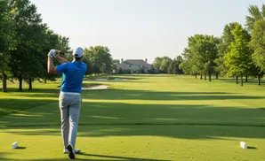 Golfer in blue shirt and grey pants swings club on a sunny golf course with a large house in the distance.