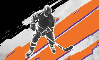Black and white hockey player in uniform on a background of orange and purple stripes.
