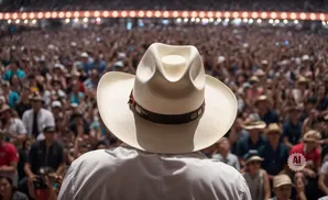 Man in a white cowboy hat facing a large crowd at a sunny outdoor event.