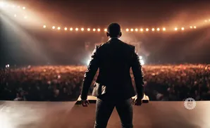 A man in a suit stands on a stage before a large, cheering crowd, illuminated by stage lights.