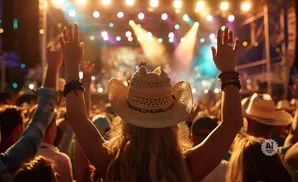 A crowd at an outdoor concert, with hands raised in the air and a woman in a cowboy hat at the forefront.