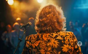 Singer on stage, back to camera, wearing a floral jacket, with a microphone in front and audience in the background.