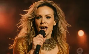Singer with blonde hair and sparkly gold dress holds a microphone, singing with her mouth open.