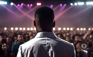 Man in suit facing a cheering crowd at a concert, with bright stage lights in the background.