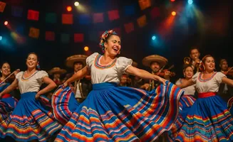 Dancers in colorful traditional Mexican dresses perform with musicians in the background.