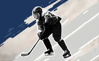 Black and white illustration of a hockey player with a stick, set against a blue and grey abstract background.