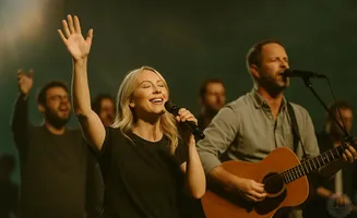 A blonde woman sings into a microphone with her hand raised, while a man plays guitar next to her.