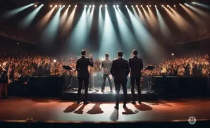 Four men in suits stand on a stage facing a cheering audience under bright spotlights.