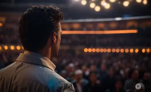 Man in a collared shirt faces an audience in a dimly lit venue with warm lights.