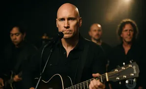 A bald man in a black shirt plays guitar and sings into a microphone, with bandmates in the background.