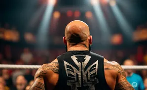 Close-up of a bald, tattooed man in a black tank top with a silver symbol, facing away from the camera in a wrestling ring.