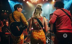 Band performs on stage with guitarist, singer, and accordion player.