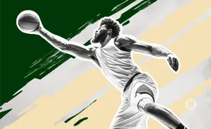 Basketball player leaping to dunk the ball, with a green, white, and tan abstract background.