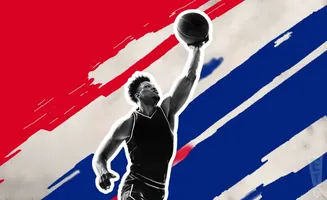 A basketball player jumps with the ball against a red, white, and blue abstract background.