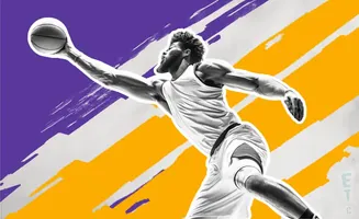 A grayscale illustration of a basketball player mid-air, dunking a basketball, with a purple and yellow background.