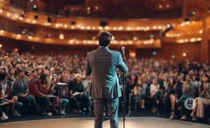 A man in a suit speaks to a large audience in a theater.