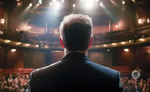 Man in suit facing away from camera on stage, audience in background.