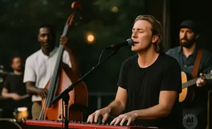 A band performs outdoors, with a singer playing a keyboard in the foreground.