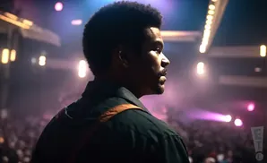 A man with an afro looks to the right on a dimly lit stage with purple lights and a blurred audience.