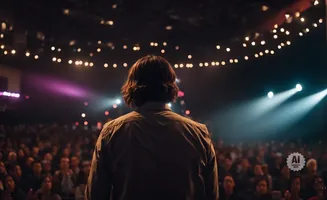A person stands on stage facing a seated audience, illuminated by stage lights and decorative string lights.
